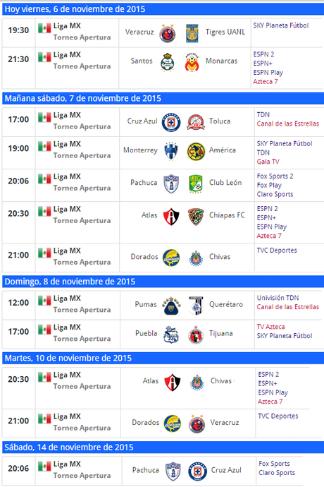 Programacion TV jornada 16 futbol mexicano