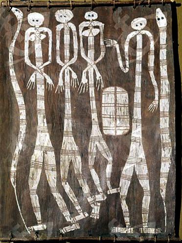 LOS WANDJINAS Bark painting depicting two pairs of male and female figures, possibly spirit beings, with two snakes