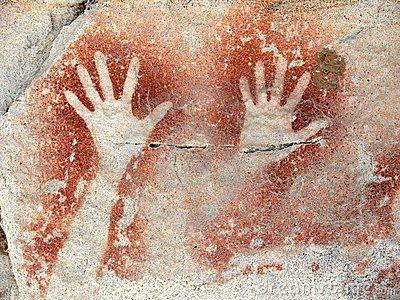 LOS WANDJINAS Aboriginal rock painting representing two hands, Carnarvon Gorge, Queensland, Australia.