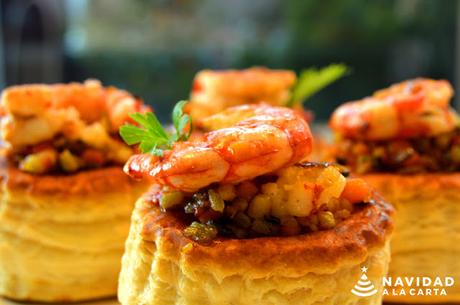 Volován relleno de verduras con gambas