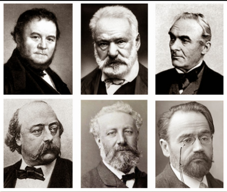 De izquierda a derecha y de arriba a abajo: Stendhal, Víctor Hugo, Merimée, Flaubert, Julio Verne y Zola