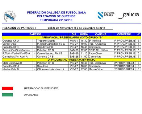 Horarios Fútbol Sala Base en Ourense, del 26 de Noviembre al 2 de Diciembre