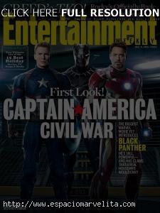 Captain America: Civil War. El Capi, Iron Man y Pantera Negra en portada de Entertainment Weekly Captain America: Civil War en portada de EW