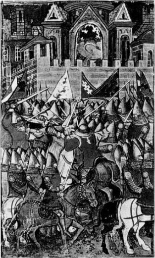Roncesvalles, la batalla que bien valió un Cantar Pamplona asediada por el ejército de Carlomagno. Miniatura de L’entrée d’Espagne, de mediados del siglo XIV. Biblioteca Marciana de Venecia. La leyenda dice que Pamplona detuvo a Carlomagno tres meses ante sus murallas; pero, como pasó en Jericó, éstas se derrumbaron cuando imploró la ayuda de Cristo y del apóstol Santiago.