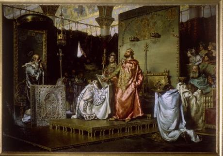 Roncesvalles, la batalla que bien valió un Cantar El rey visigodo Recaredo se convierte al catolicismo. Cuadro de Muñoz Degrain (1888).