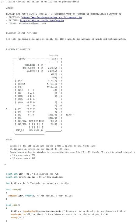 Control del brillo de un LED con un potenciómetro