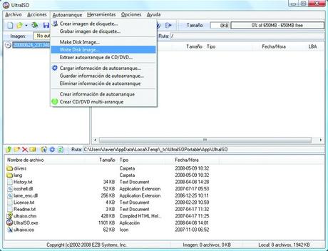 En el menú [Autoarranque] aparece la útil función [Write Disk Image…], la cual nos permitirá crear unidades USB booteables partiendo de imágenes ISO, NRG o BIN/CUE.