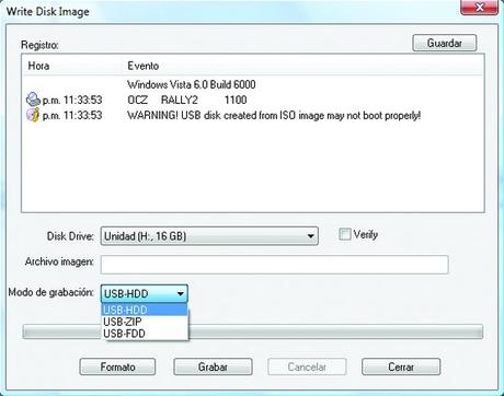 La unidad H: es un pen drive USB al cual volcaremos el contenido de una imagen ISO booteable. Desde este panel seleccionaremos el modo de emulación: floppy, disco duro o ZIP.