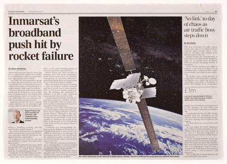 Ashley Armstrong, Inmarsat’s broadband push hit by rocket failure. Recorte de prensa tomado del The Daily Telegraph, 19 de mayo 2015.  Foto: Cortesía Rosell Meseguer, 2015. 