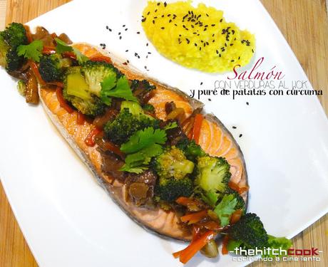 SALMÓN CON VERDURAS AL WOK Y PURÉ  DE PATATAS CON CÚRCUMA (Salmón de Reyes)