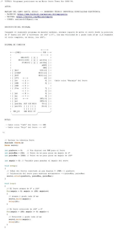 Programar posiciones en un Micro Servo Tower Pro SG90 9G
