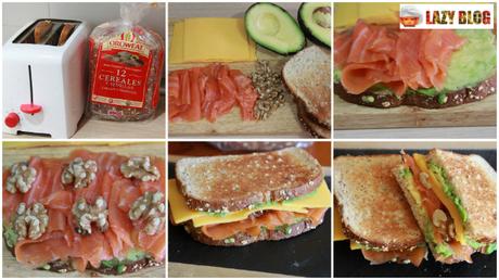 Sándwich saludable de aguacate, salmón y nueces. Recetas para la cena