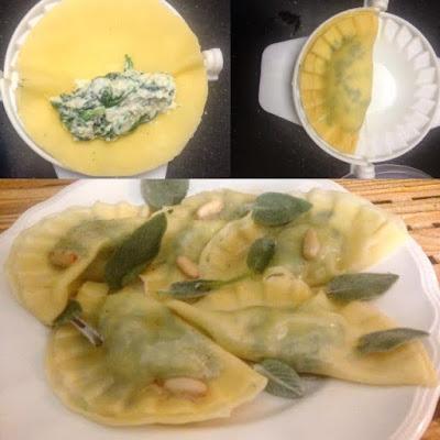 RAVIOLIS DE ESPINACAS Y RICOTTA AROMATIZADOS CON SALVIA, AJO Y PIÑONES