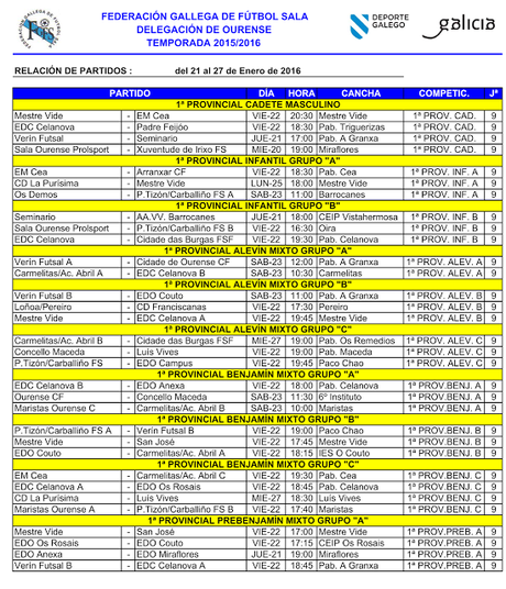 Horarios fútbol y sala base en Ourense (del 21 al 27 Enero 2016)