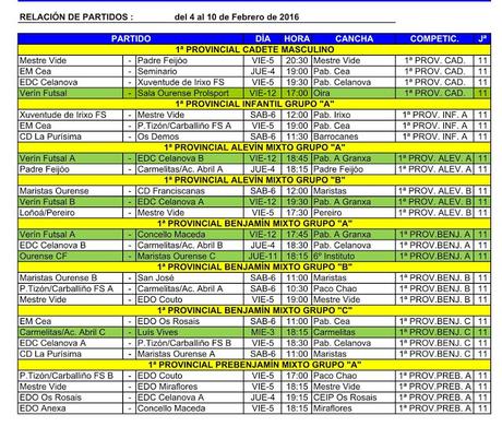 Horarios fútbol sala base en Ourense (del 4 al 10 de Febrero)