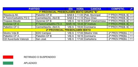 Horarios fútbol sala base en Ourense (del 4 al 10 de Febrero)