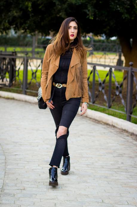 Fringed Jacket black and camel