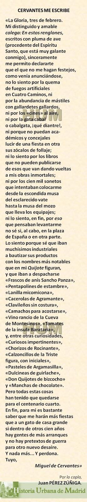 Madrid, cien años atrás. Carta de Cervantes a Pérez Zúñiga.