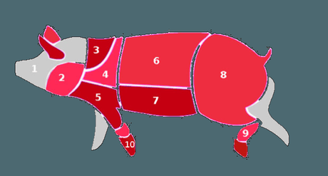 Piezas de la carne de cerdo en Reino Unido