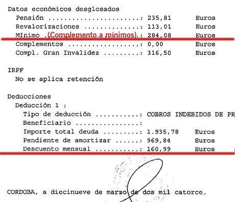 Compatibilidad de las pensiones por incapacidad permanente con el trabajo remunerado. Funcionamiento de los complementos a mínimos Documento de desglose de pensión con complemento a mínimos. Caso real.
