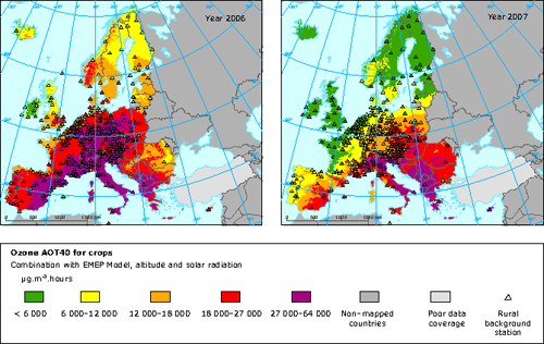 Ozono: Mapa de contaminación rural mediante AOT40 para cultivos (Europa, 2006-2007)