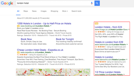 Hotel London Búsqueda de Google con anuncios derecha