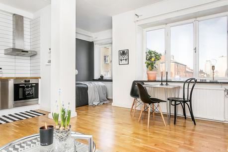 Un hogar en 34 m² planta abierta interiores espacios pequeños estudio diáfano diseño pisos pequeños decoración pisos suecos decoración minipisos decoración en gris blog decoración nórdica 