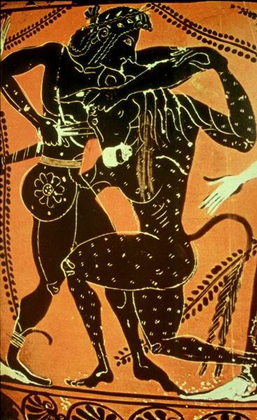 Teseo luchando contra el Minotauro, en el Laberinto de Knossos