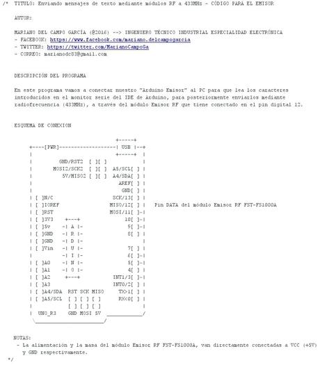 Enviando mensajes de texto mediante módulos RF a 433MHz Enviando mensajes de texto mediante módulos RF a 433MHz