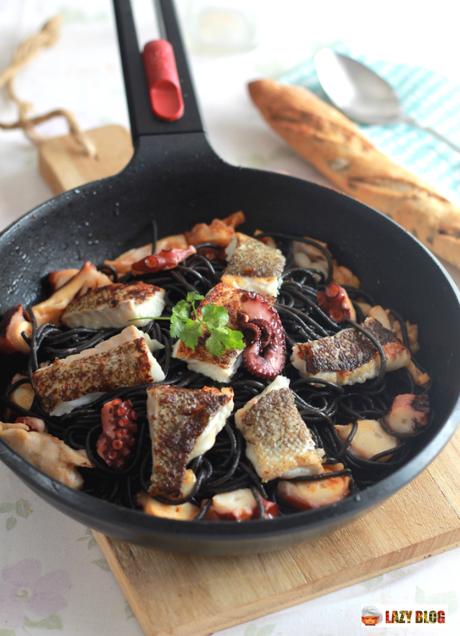 Espaguetis negros con pulpo y bacalao skrei. Receta