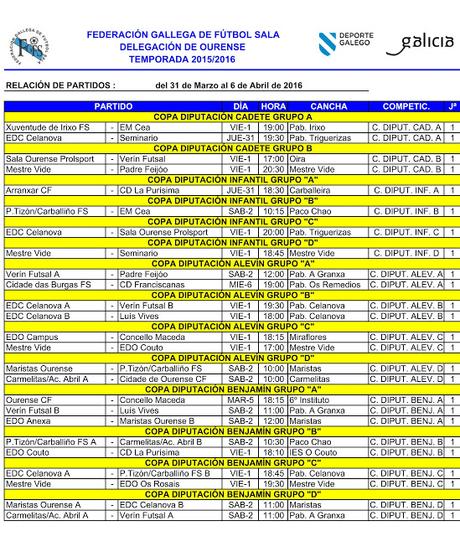 Horarios fútbol sala base en Ourense, del 31 de Marzo al 6 de Abril (Copa y liga)