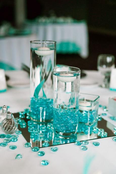 Teal Glass Pebbles Candle Centerpiece||Vintage Peacock Themed Wedding|Photographer:  Barbara B Covington Photography: 