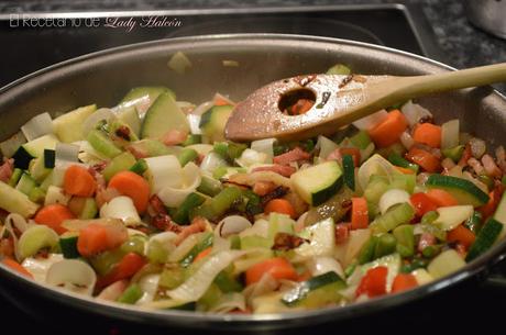 Risotto de verduras y bacon