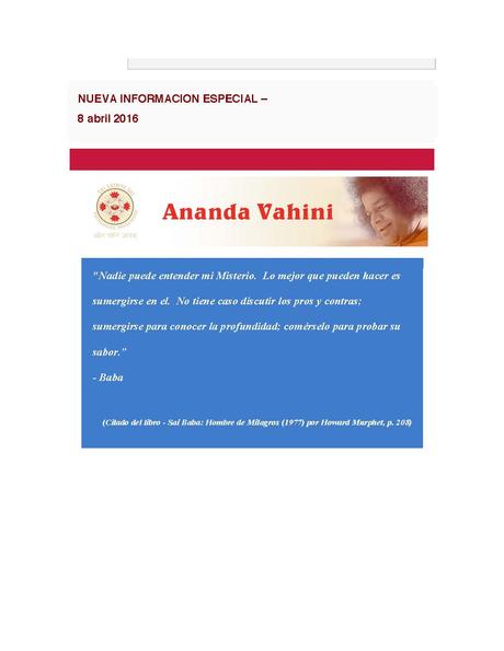 ANANDA VAHINI - INFORMACION ESPECIAL ANANDA VAHINI - INFORMACION ESPECIAL