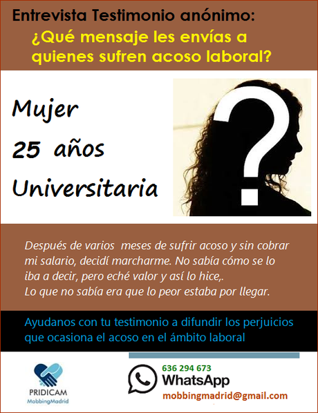 MobbingMadrid Entrevista - Testimonio: Que mensaje le envías a quien sufre acoso laboral MobbingMadrid Entrevista - Testimonio: Que mensaje le envías a quien sufre acoso laboral