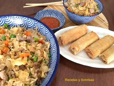 ARROZ FRITO CON ROLLITOS DE PRIMAVERA