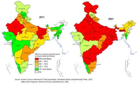 Clases, castas y tribus en la India. La discriminación como costumbre Evolución en la tasa de alfabetización. Fuente: Census of India 2011