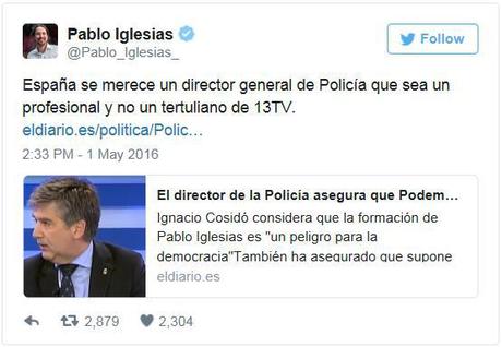 twitt Pablo Iglesias sobre director Policía