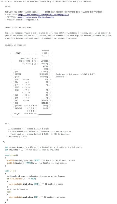 Detector de metal con sensor de proximidad inductivo PNP y un zumbador