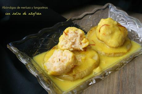 Albóndigas de merluza y langostinos con salsa de azafrán El Ágora de Ángeles Albóndigas de merluza y langostinos