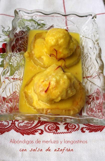 Albóndigas de merluza y langostinos con salsa de azafrán El Agora de Ángeles Albóndigas de merluza y langostinos