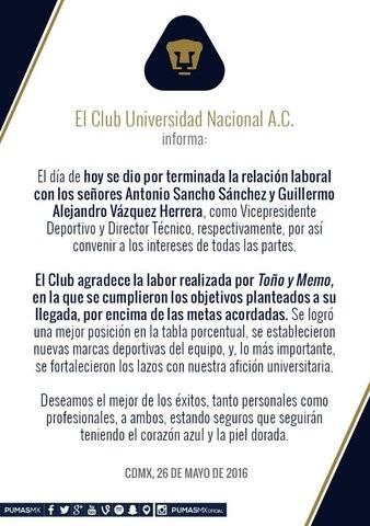 Pumas anuncia la baja de Memo Vázquez y Antonio Sancho