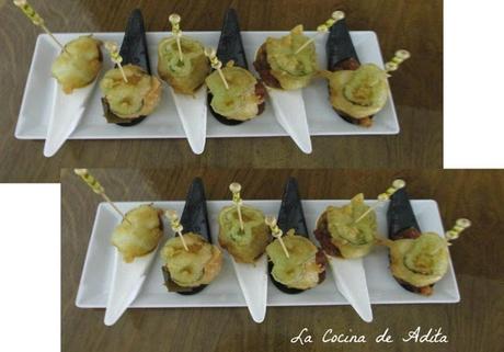 Cucharillas, con pisto manchego , bacalao y pimientos en tempura Cucharillas, con pisto manchego , bacalao y pimientos en tempura