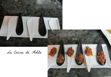 Cucharillas, con pisto manchego , bacalao y pimientos en tempura Cucharillas, con pisto manchego , bacalao y pimientos en tempura