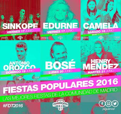 Fiestas de Torrejón 2016: Miguel Bosé, Antonio Orozco, Sínkope, Camela, Edurne, Henry Méndez... Fiestas de Torrejón 2016: Miguel Bosé, Antonio Orozco, Sínkope, Camela, Edurne, Henry Méndez...