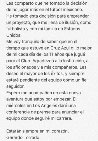 Gerardo Torrado anuncia su retiro del Fútbol mexicano Gerardo Torrado anuncia su retiro del Fútbol mexicano