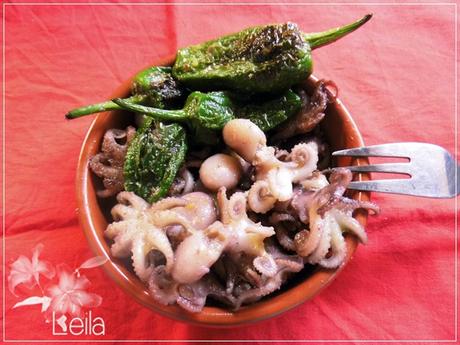 Pulpitos con pimientos de Padron a la plancha