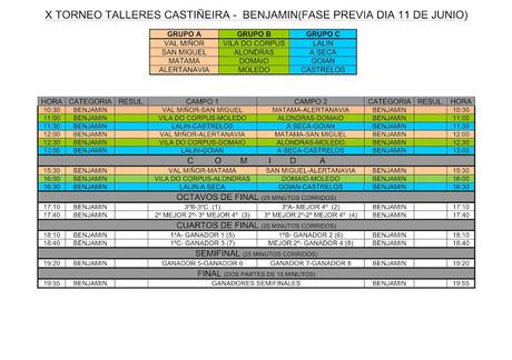 Torneo Coruxo/Talleres Castiñeira: Horarios fase previa benjamín, 11 de Junio