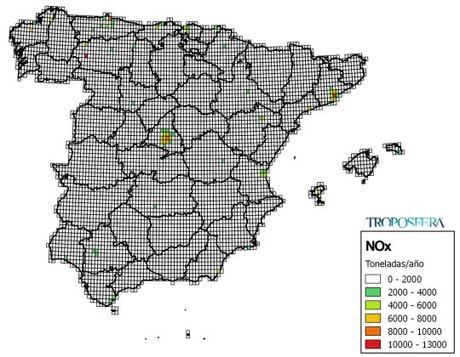 España: Mapa de emisiones de NOx (Inventario EMEP 2013)