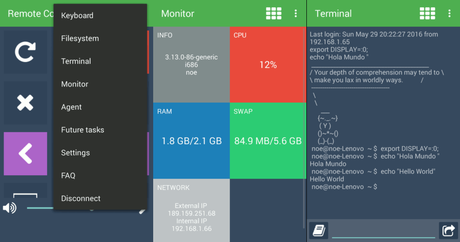 Algunas de las funciones de Home Remote Control incluyen monitor de recursos, entrada remota, y acceso a la terminal.